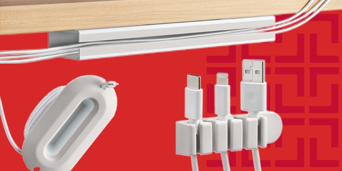 Command™ Cord Organizer products out of packagae, on a red background.
