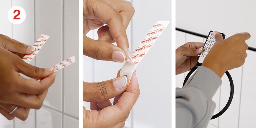 Hands show separating strips, removing the liner from the strip, and pressing them onto the mounting base.