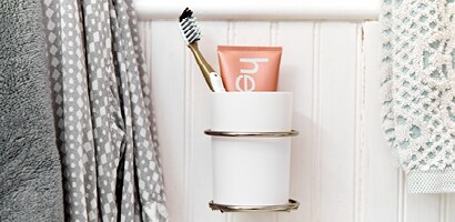 Teeth cleaning made easy with a Command™ Bath Large Satin Nickel Wall Accessory Organizer
