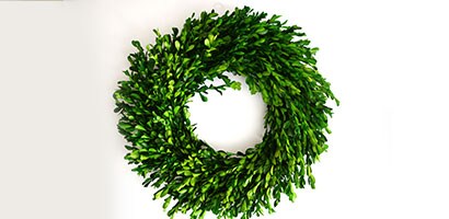 Synthetic green topiary wreath hanging on a while wall.

