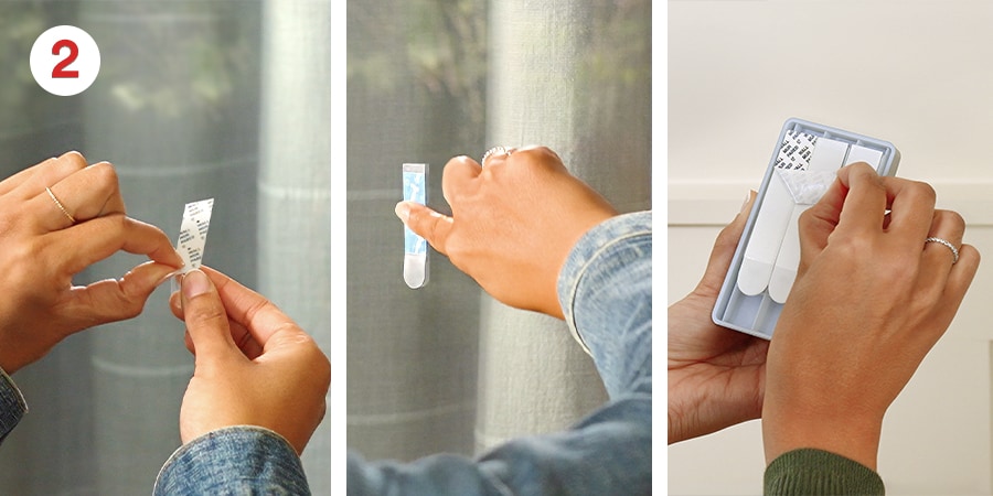 Hands show removing the black liner from the strip, and pressing it against a window.