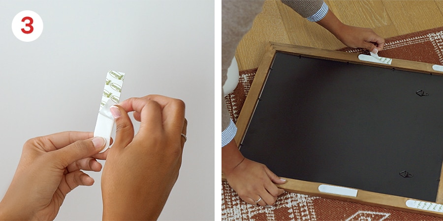 Two-step process showing removal of one side of liners. Stick on frame as shown. Press firmly.