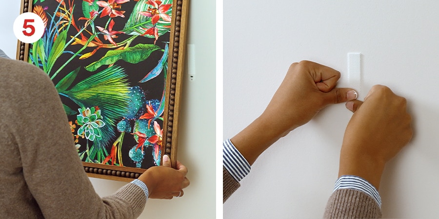 Person removes frame from wall and presses the strips on the wall to reinforce strips
